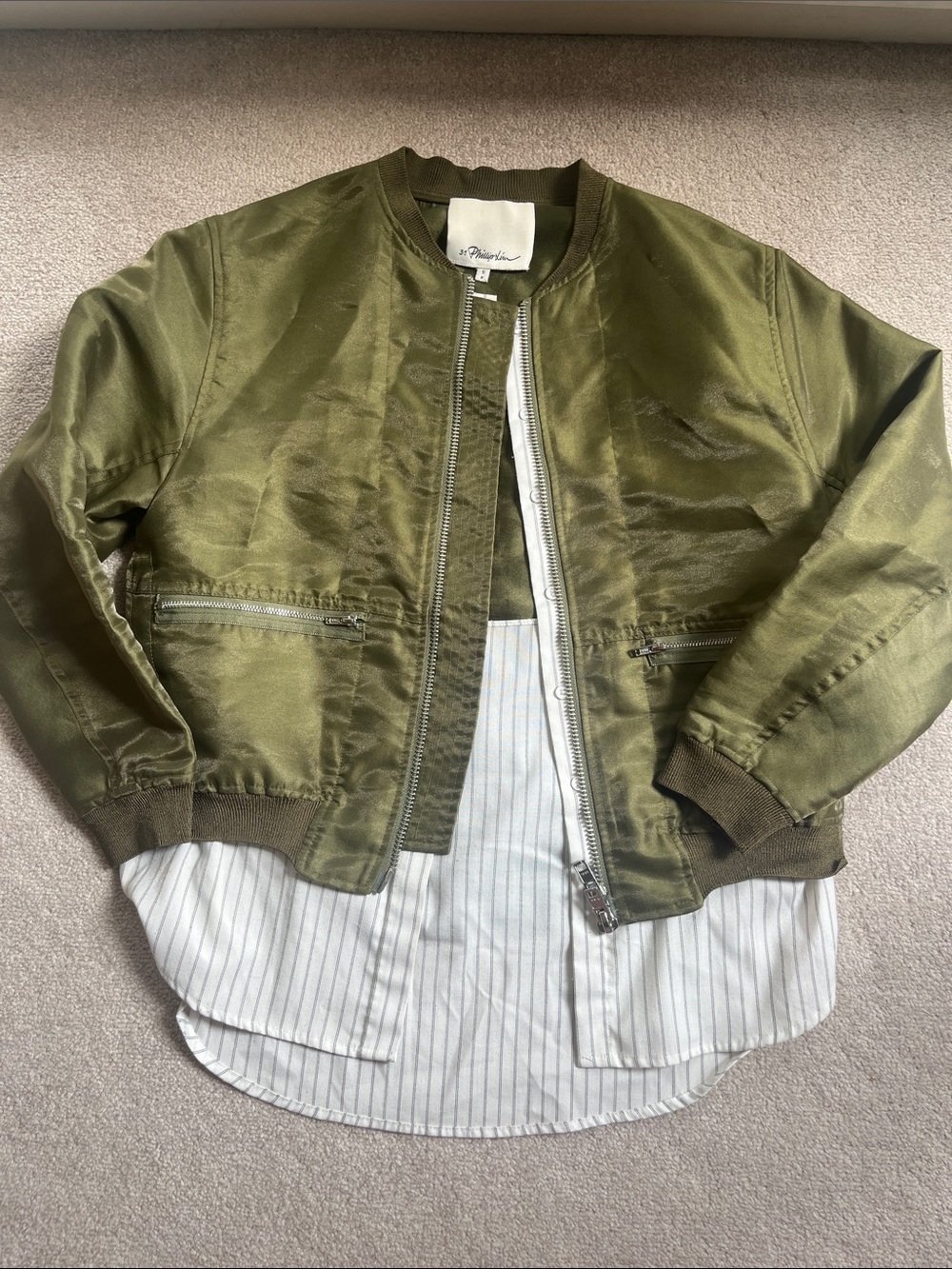 3.1 Phillip Lim Olive Satin Bomber Jacket+striped shirt lining - Picture 2 of 12